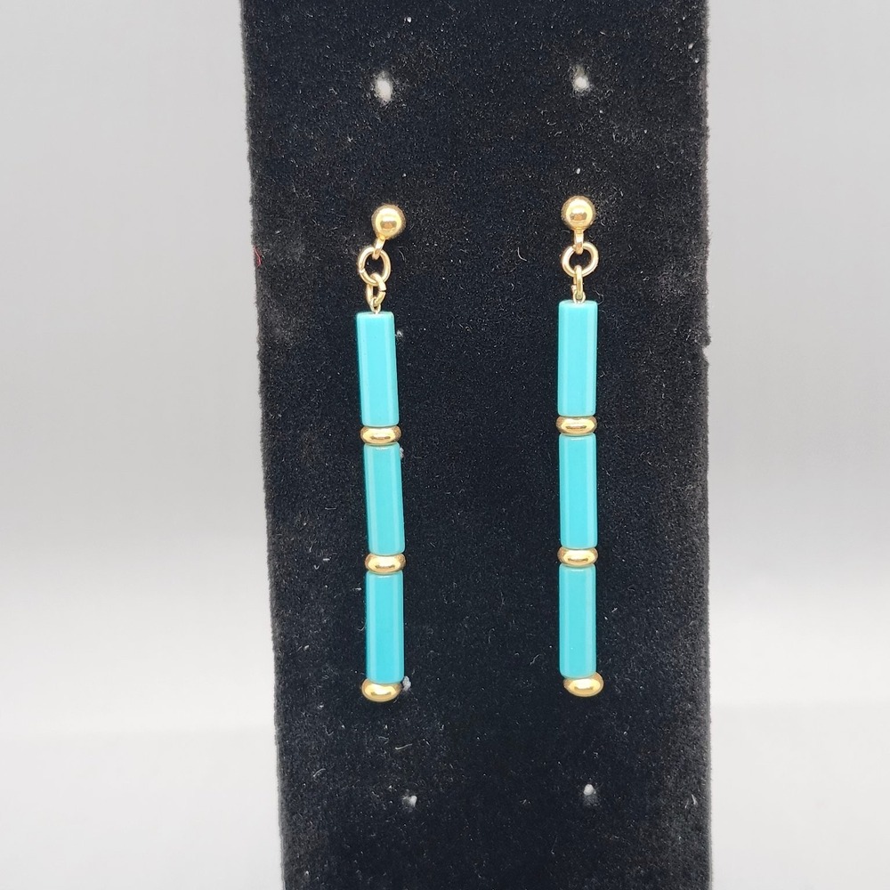 Dangle Drop Earrings 2.3" Long Turquoise Gold Tone Cylindrical Beaded Fashion